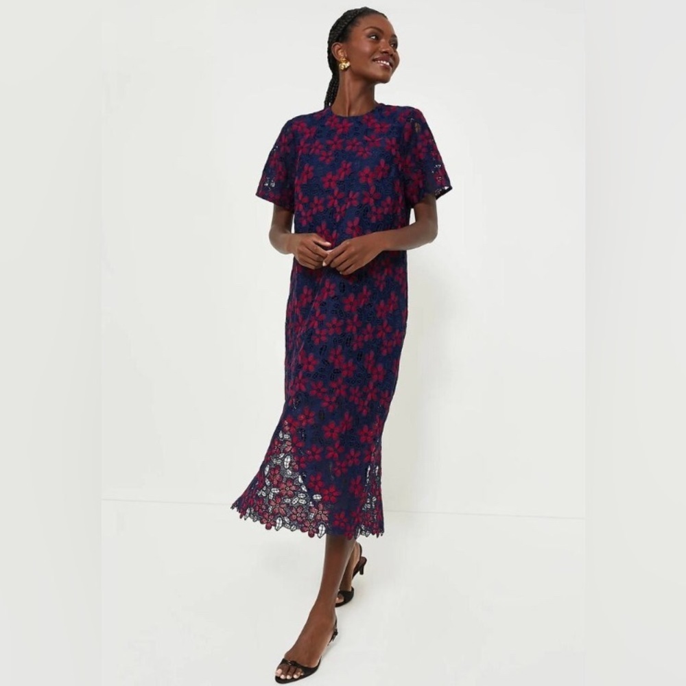Pomander Place Navy & Red Floral Lace Midi Dress